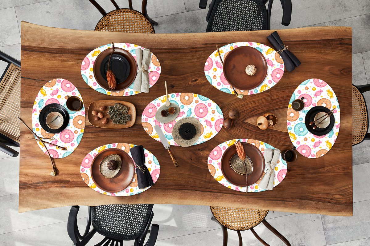 Placemats ovaal - Onderleggers - Ovale placemats - Snoep - Donuts - Patronen - 8 stuks