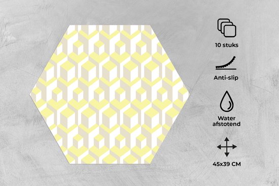 Placemats hexagon - Onderleggers placemats - Placemat zeshoek - Blokken - Patronen - 3D - Geel - 10 stuks