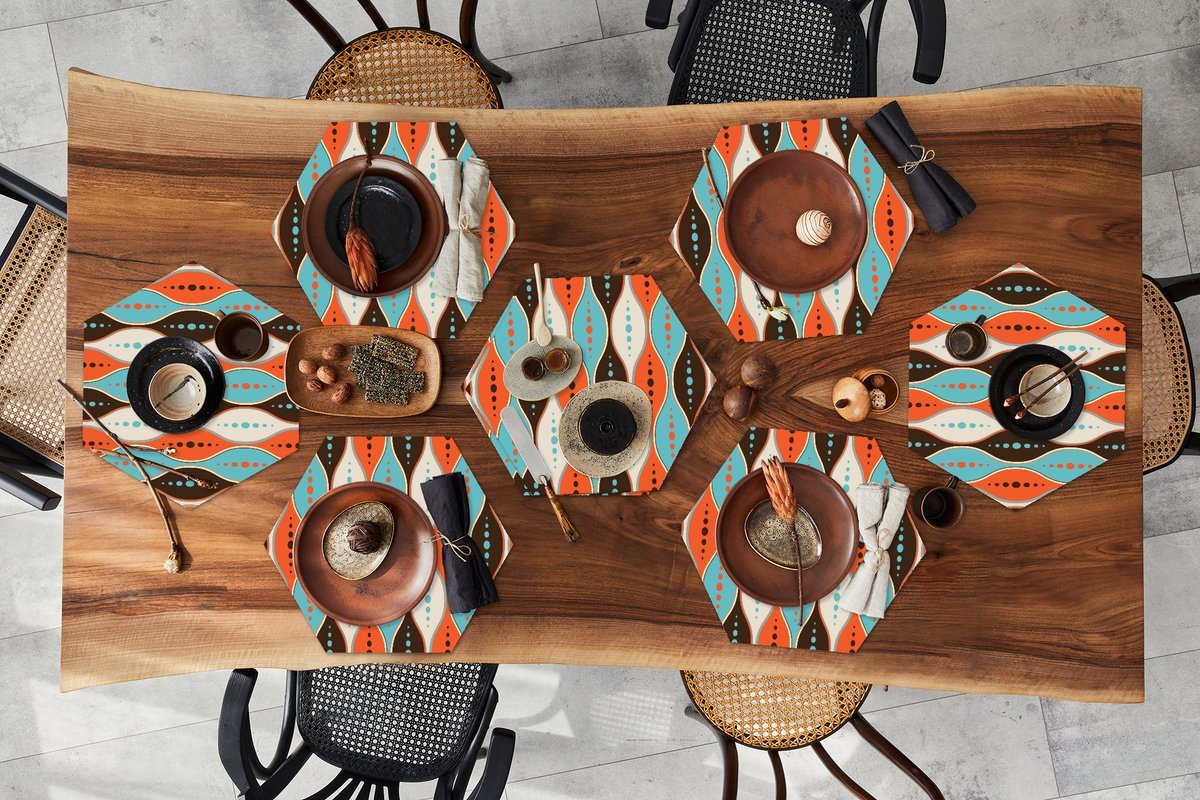 Placemats hexagon - Onderleggers placemats - Placemat zeshoek - Retro - Cirkel - Design - 8 stuks