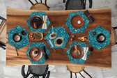 Placemats hexagon - Onderleggers placemats - Placemat zeshoek - Design - Vintage - Blauw - Turquoise - 8 stuks