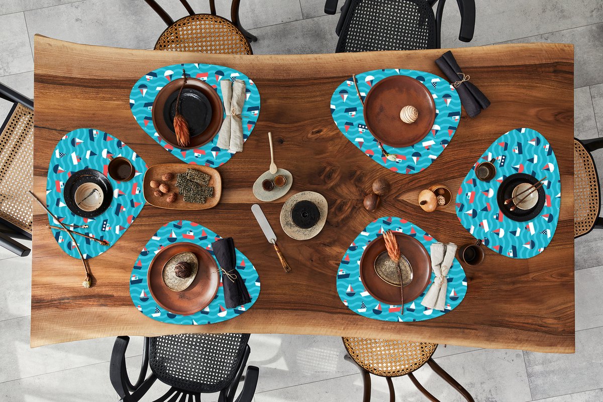 Placemat organisch - Placemats organic - Onderleggers - Boten - Zee - Patroon - 6 stuks