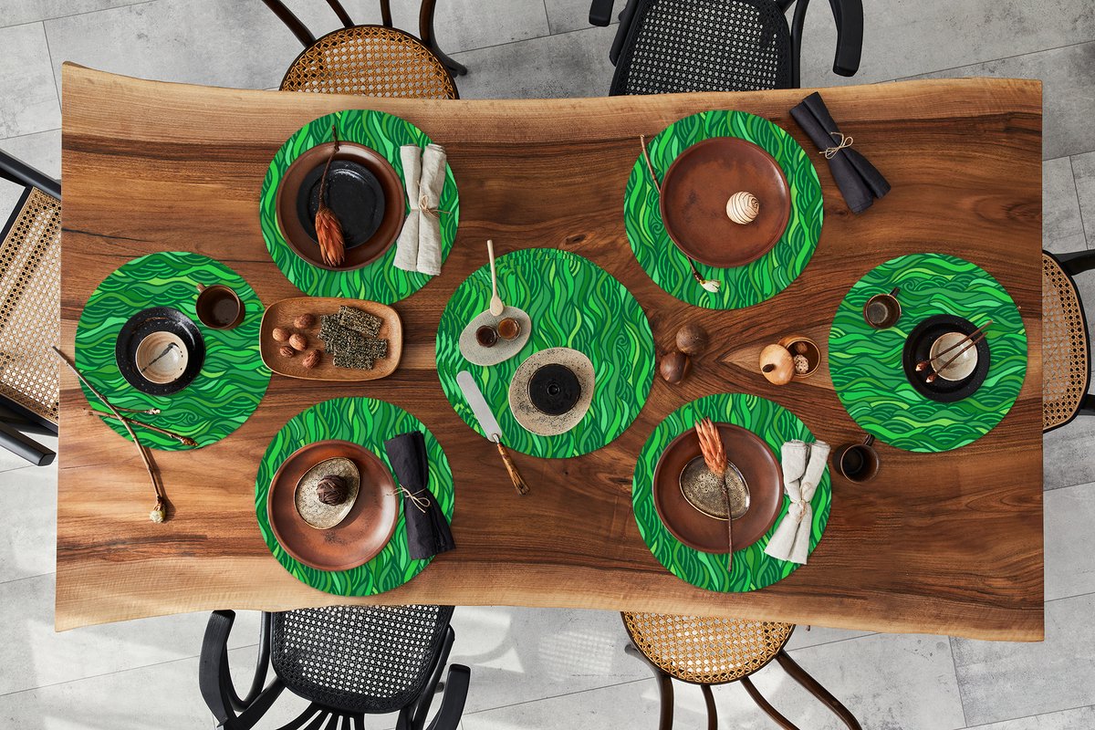 Ronde placemats - Onderlegger - Placemats rond - Zeewier - Patronen - Groen - 10 stuks