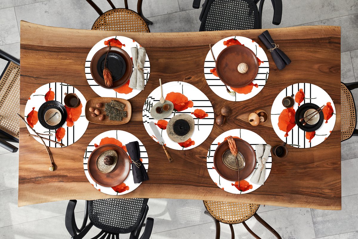 Ronde placemats - Onderlegger - Placemats rond - Muziek - Notenbalk - Klaproos - 10 stuks