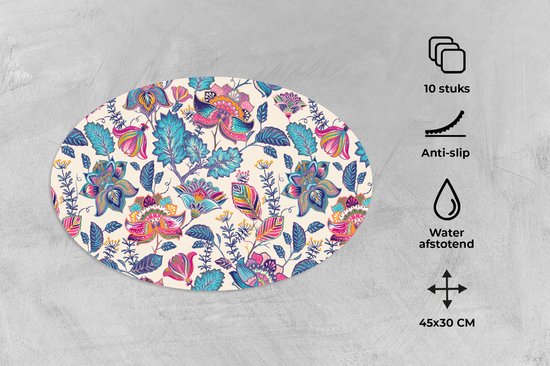 Napperons de table ovales - Sets de table - Sets de table ovales - Arc-en-ciel - Fleurs - Croquis - Motifs - 10 pièces