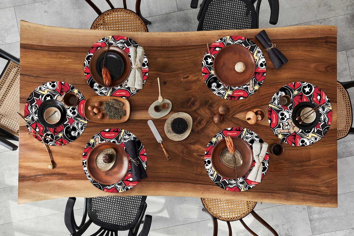 Ronde placemats - Onderlegger - Placemats rond - Rock - Rock 'n roll - Patroon - Doodshoofd - 6 stuks