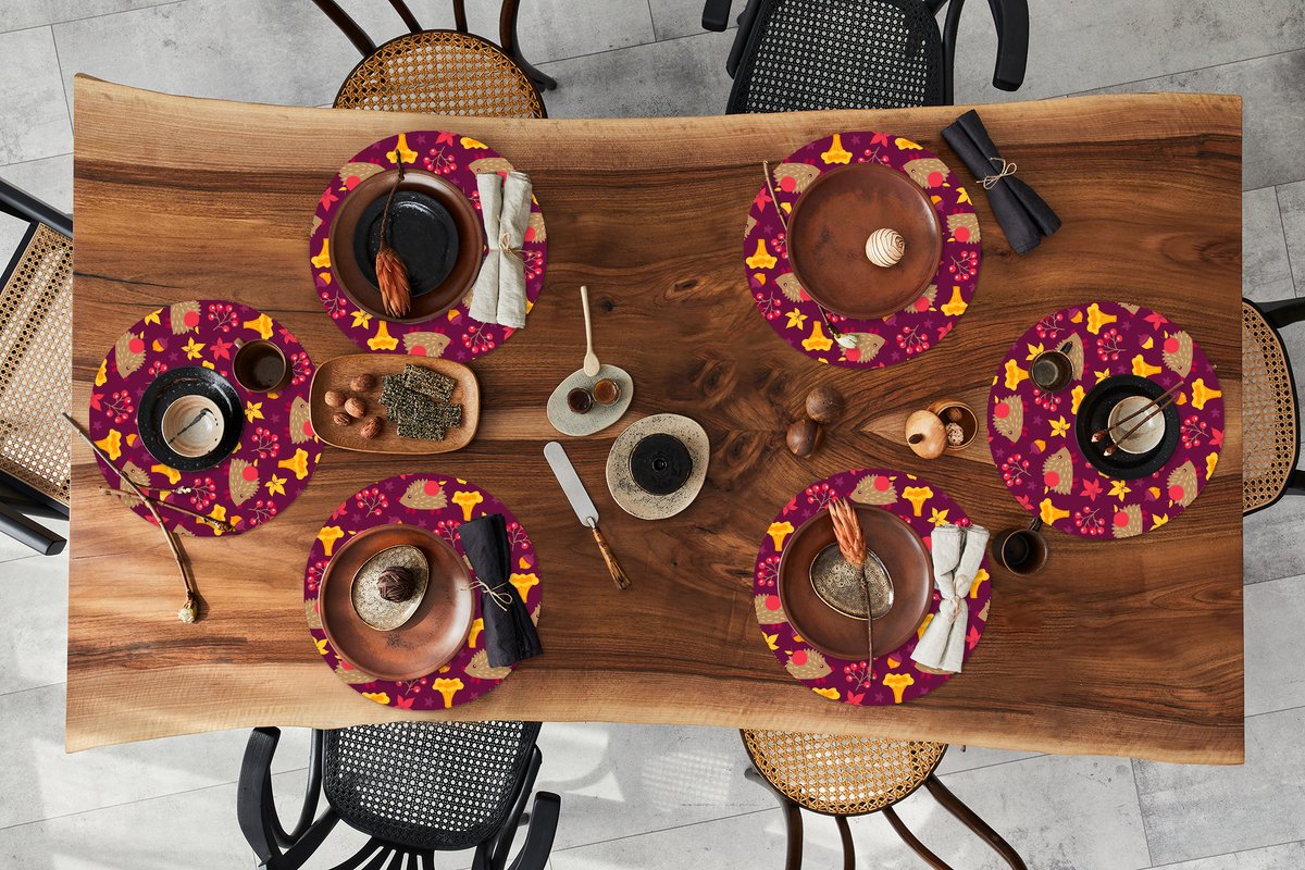Ronde placemats - Onderlegger - Placemats rond - Egel - Paddenstoel - Patronen - 6 stuks