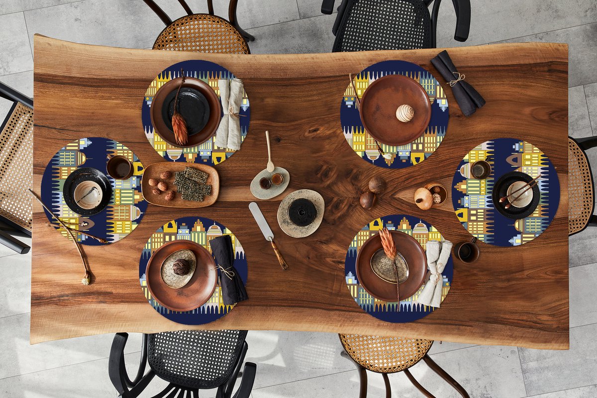 Ronde placemats - Onderlegger - Placemats rond - Patronen - Huizen - Gebouw - 6 stuks