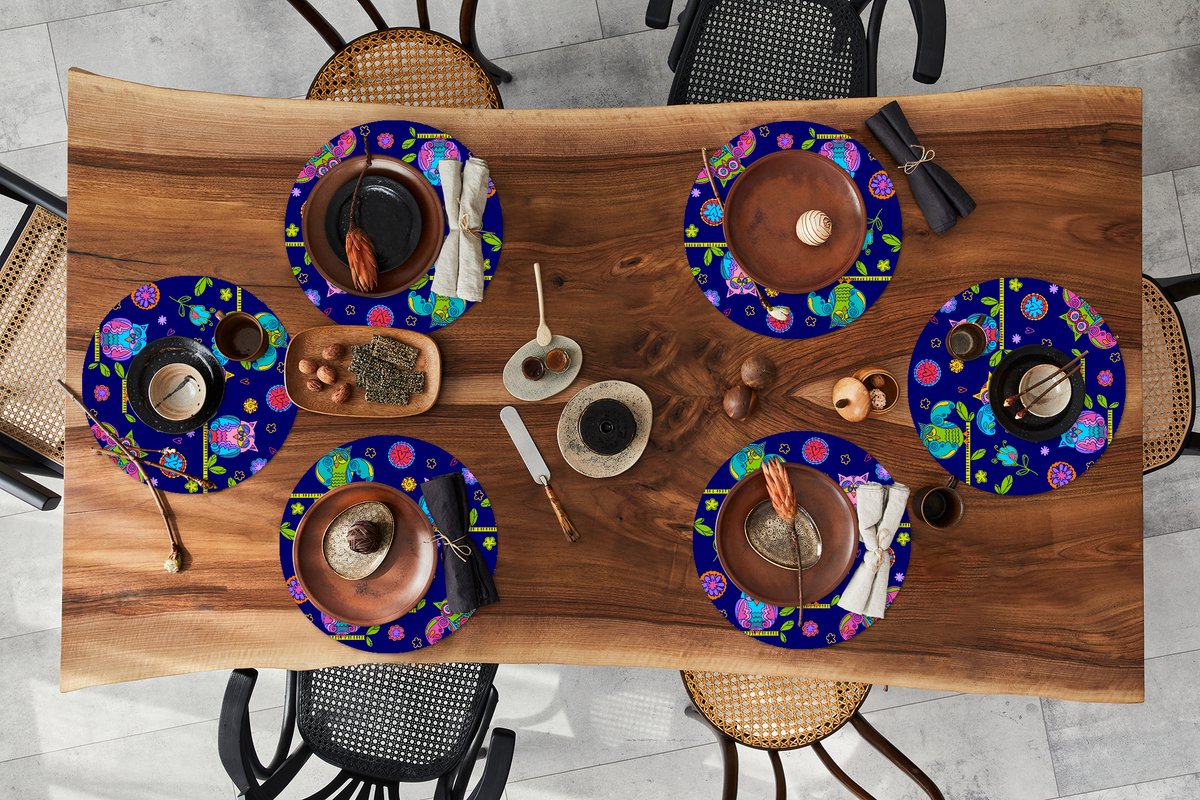 Ronde placemats - Onderlegger - Placemats rond - Patroon - Uil - Takken - 6 stuks