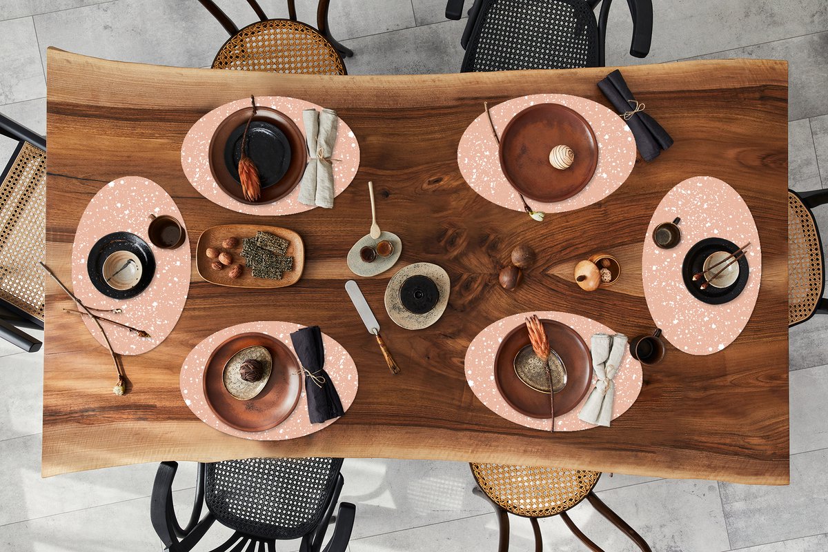 Placemats ovaal - Onderleggers - Ovale placemats - Roze - Wit - Stippen - 6 stuks
