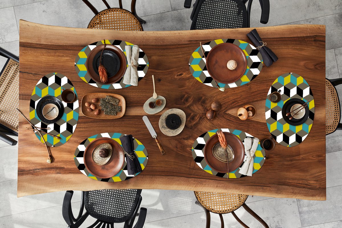 Placemats ovaal - Onderleggers - Ovale placemats - Blokken - Patronen - 3D - 6 stuks