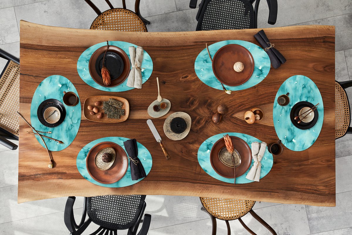 Placemats ovaal - Onderleggers - Ovale placemats - Patroon - Turquoise - Waterverf - 6 stuks