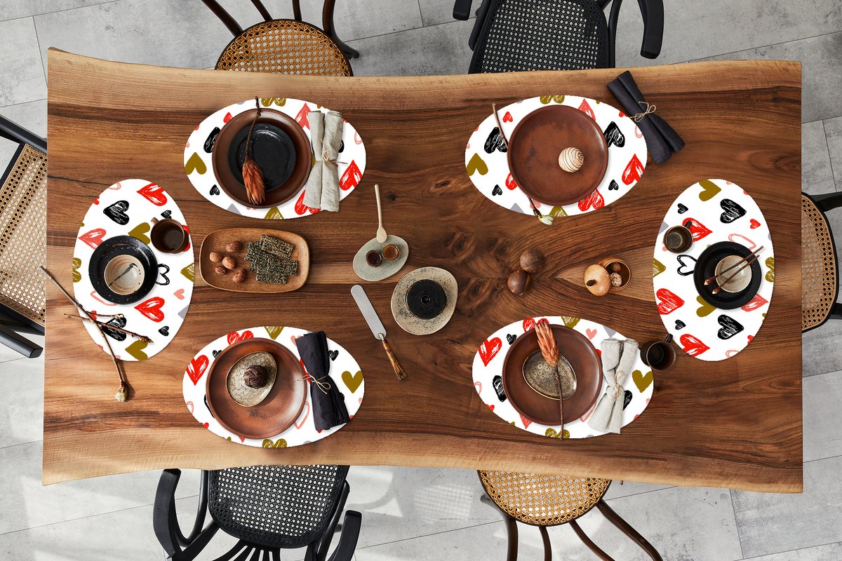 Placemats ovaal - Onderleggers - Ovale placemats - Hart - Schets - Valentijnsdag - 6 stuks