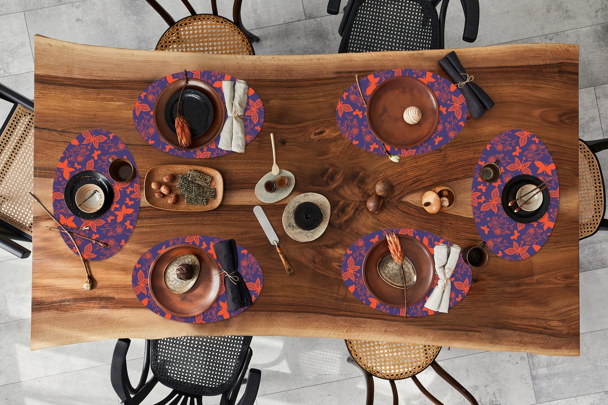 Placemats ovaal - Onderleggers - Ovale placemats - Vlinder - Libelle - Rood - Patronen - 6 stuks
