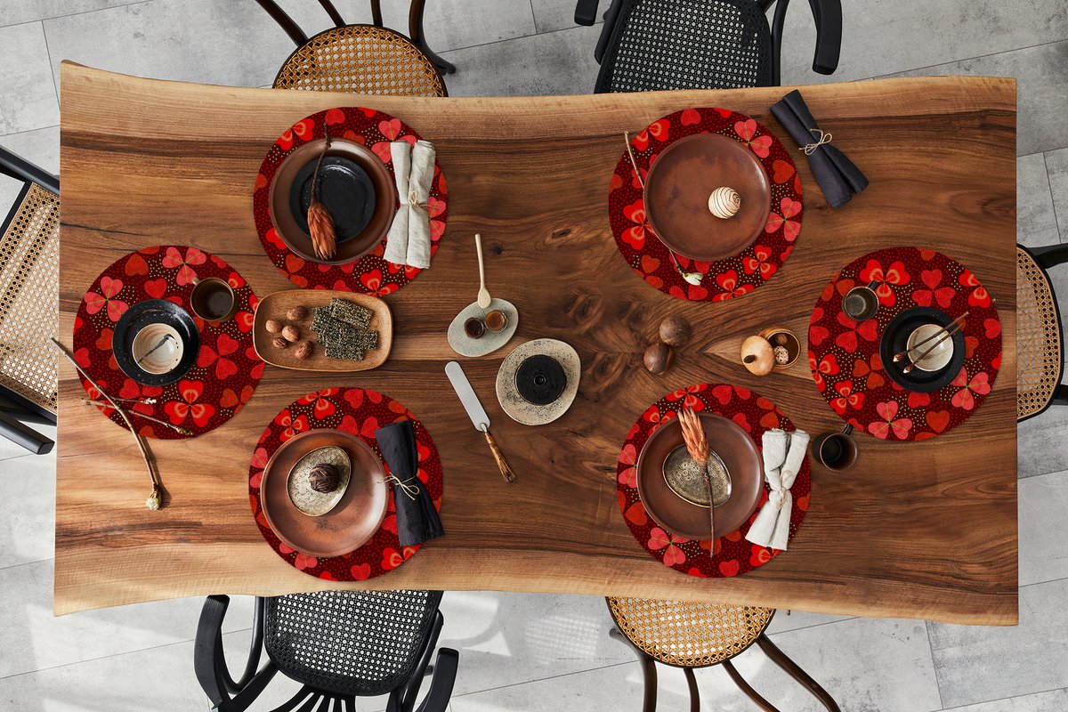 Ronde placemats - Onderlegger - Placemats rond - Patroon - Klaver - Rood - 6 stuks