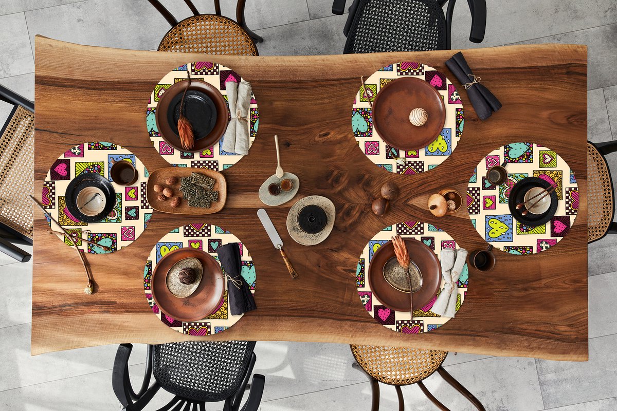 Ronde placemats - Onderlegger - Placemats rond - Bohemian - Hartjes - Doodle - Patronen - 6 stuks