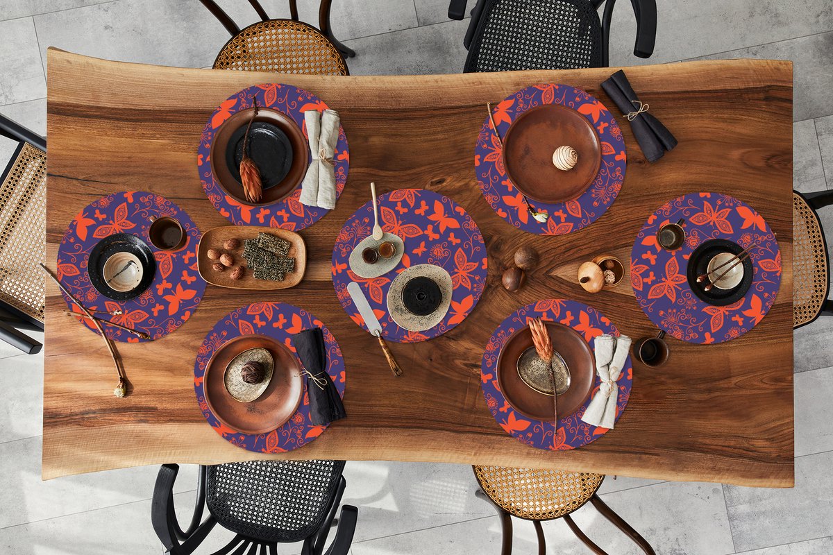 Ronde placemats - Onderlegger - Placemats rond - Vlinder - Libelle - Rood - Patronen - 8 stuks