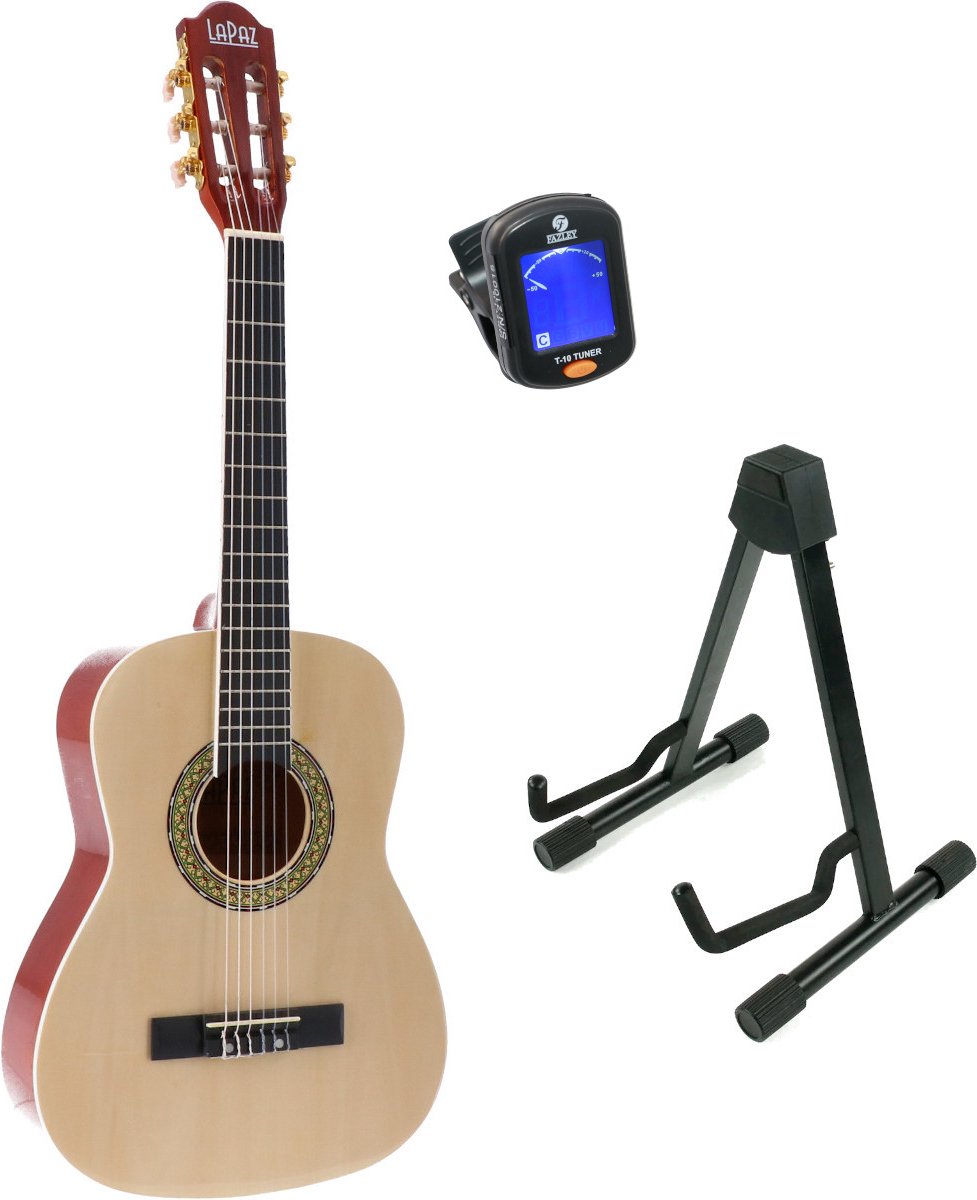 LaPaz 002 NT klassieke gitaar 1/2-formaat naturel + statief + tuner