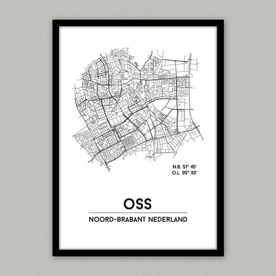 Oss city poster, A4 met lijst, plattegrond poster, woonplaatsposter, woonposter