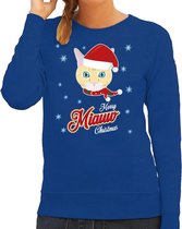 Bellatio Decorations Foute Kersttrui - sweater - Merry Miauw Christmas - kat / poes - blauw - voor dames - kerstkleding - kerst outfit S