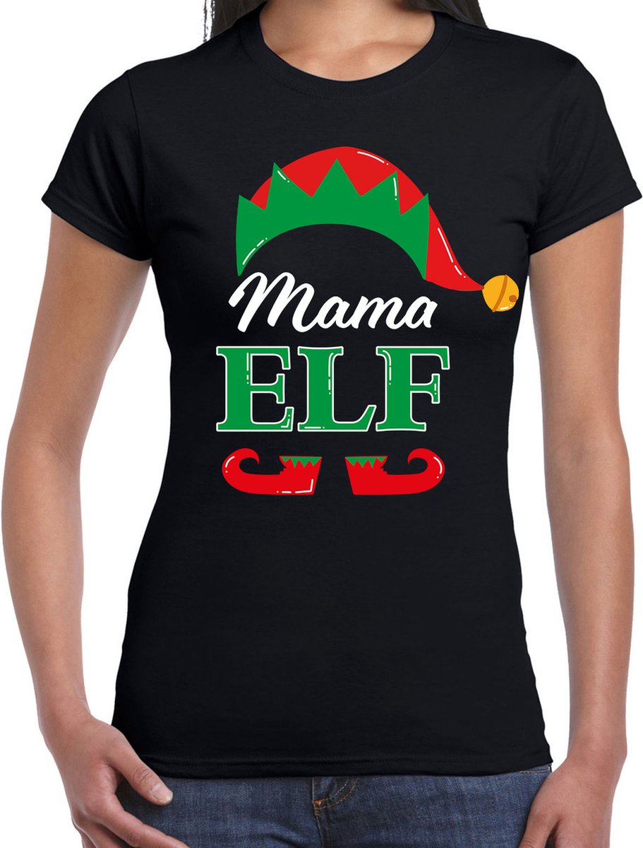 Afbeelding van product Bellatio Decorations  Mama elf fout Kerst t-shirt - zwart - dames - Kerstkleding / Kerst outfit M  - maat M