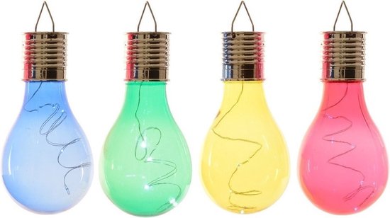 4x Buiten LED blauw/groen/geel/rood peertjes solar verlichting 14 cm - Tuinverlichting - Tuinlampen - Solarlampen zonne-energie