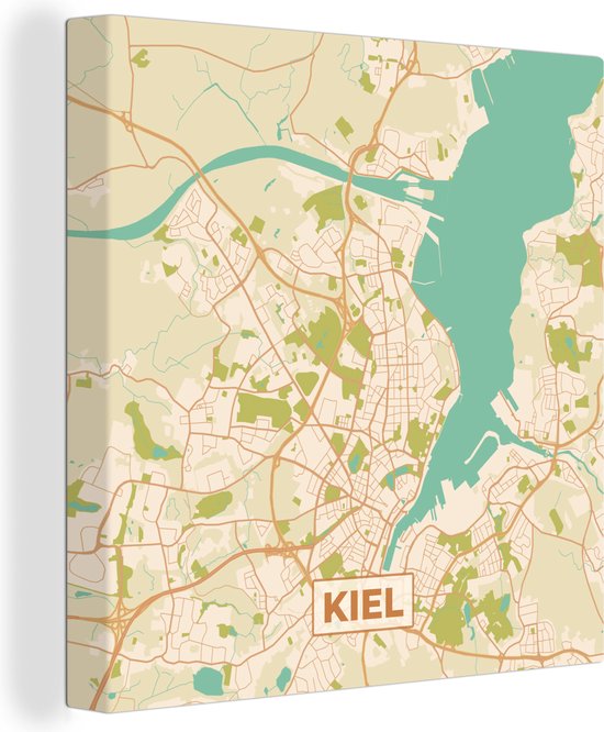 Canvas Schilderij Plattegrond - Kiel - Vintage - Kaart - Stadskaart - 20x20 cm - Wanddecoratie