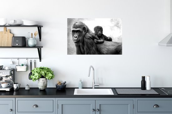 Poster Illustratie gorilla met jong - zwart wit - 60x40 cm