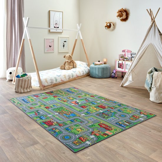 Carpet Studio Playcity Speelkleed – Speelmat 140x200cm - Vloerkleed Kinderkamer - Anti-slip Speeltapijt - Verkeerskleed - Meerkleurig