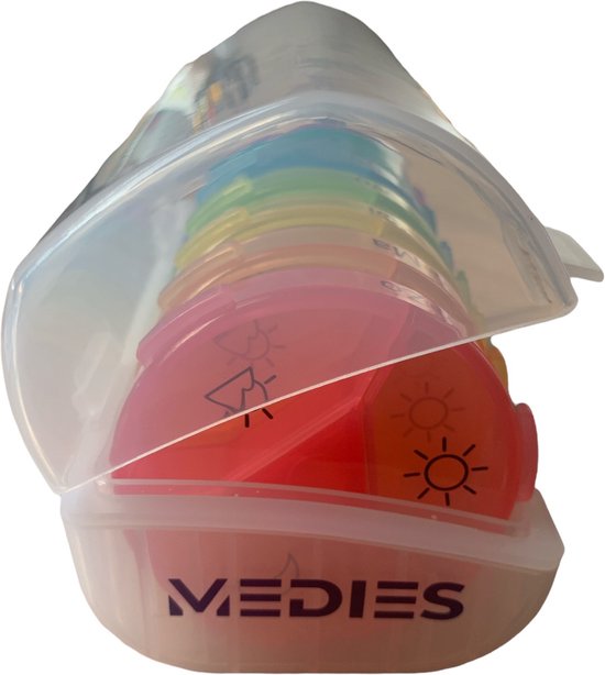 Medies - Pilulier 7 jours 3 compartiments - 7 Boîtes à pilules multicolores avec boîte de rangement transparente - Verrouillage fort - Langue néerlandaise