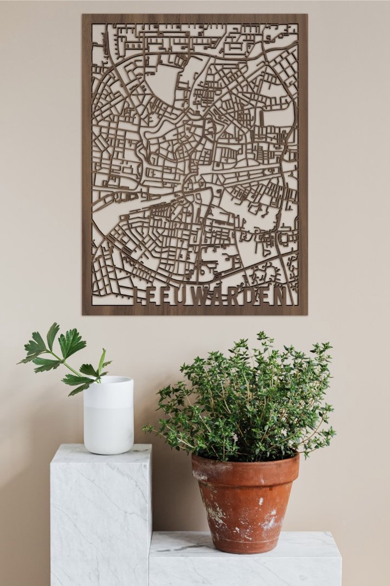 Houten Stadskaart Leeuwarden Notenhout 100x75cm Wanddecoratie Voor Aan De Muur City Shapes