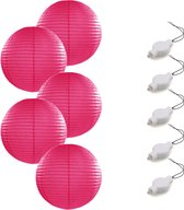Setje van 5x stuks luxe fuchsia roze bolvormige party lampionnen 35 cm met lantaarnlampjes - Feest decoraties/versiering