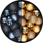 28x stuks kleine kunststof kerstballen nachtblauw en goud 3 cm - kerstversiering