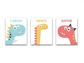 Schilderij  Set 3 Getekende dinosaurussen t-rex bronto raptor / Dinosaurus / Baby - Kinderkamer  / 40x30cm