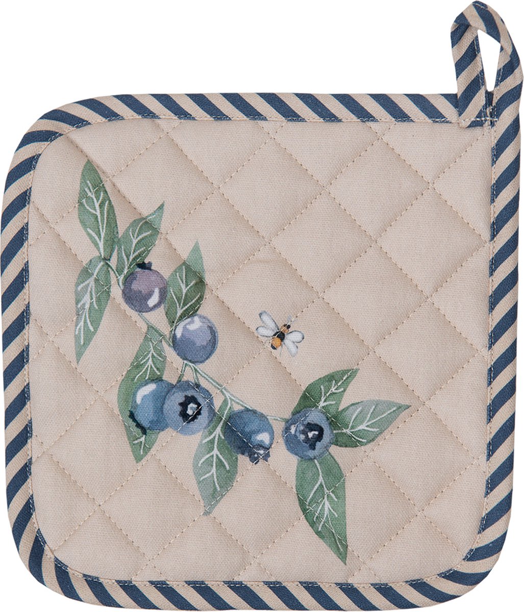 Clayre & Eef Pannenlap 20x20 cm Beige Blauw Katoen Vierkant Bosbessen Afgiet Pannenlap