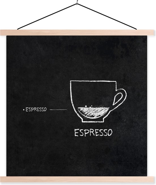Posterhanger incl. Poster 120x120 cm - Schoolplaat - Espresso - Quotes - Retro - Koffie - Tekst - Textielposter - Blanke latten