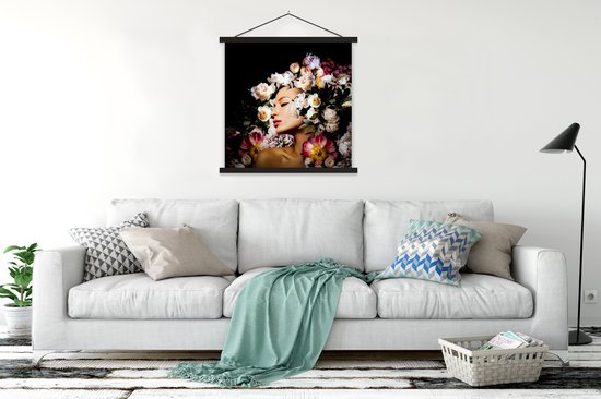 Porte-affiche avec affiche - Affiche scolaire - Femmes - Fleurs - Roses - Portrait - 90x90 cm - Lattes noires