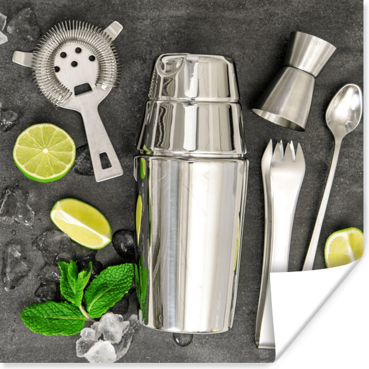 Poster Cocktail shaker - IJsblokjes - Fruit - 75x75 cm