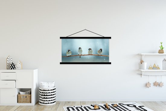 Porte-affiche avec affiche - Affiche scolaire - Vogels - Moineau - Neige - Hiver - 120x60 cm - Lattes noires