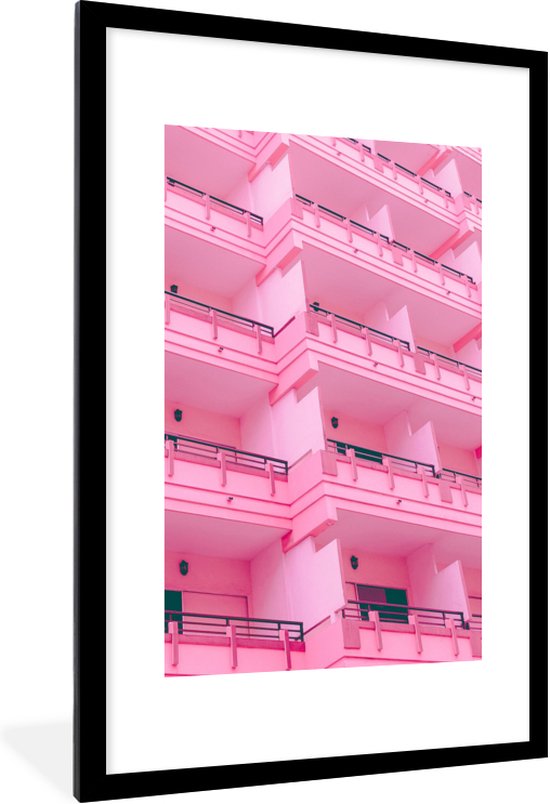 Fotolijst incl. Poster - Balkon - Zomer - Roze - Architectuur - 80x120 cm - Posterlijst