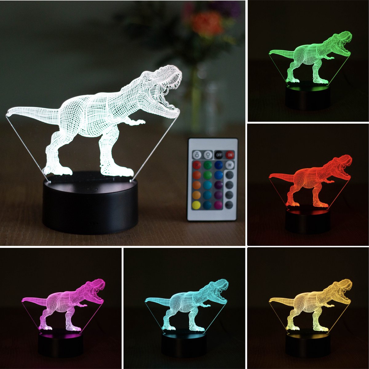 Klarigo® Nachtlamp – 3D LED Lamp Illusie – 16 Kleuren – Bureaulamp – T-Rex Lamp – Jurassic Park - Sfeerlamp – Nachtlampje Kinderen – Creative lamp - Afstandsbediening