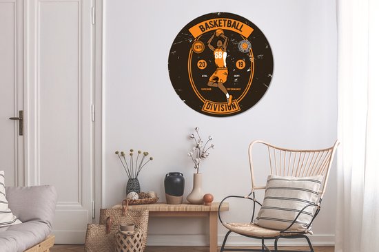 WallCircle - Wandcirkel ⌀ 90 - Mancave - Basketbal - Sport - Vintage - Oranje - Ronde schilderijen woonkamer - Wandbord rond - Muurdecoratie cirkel - Kamer decoratie binnen - Wanddecoratie muurcirkel - Woonaccessoires
