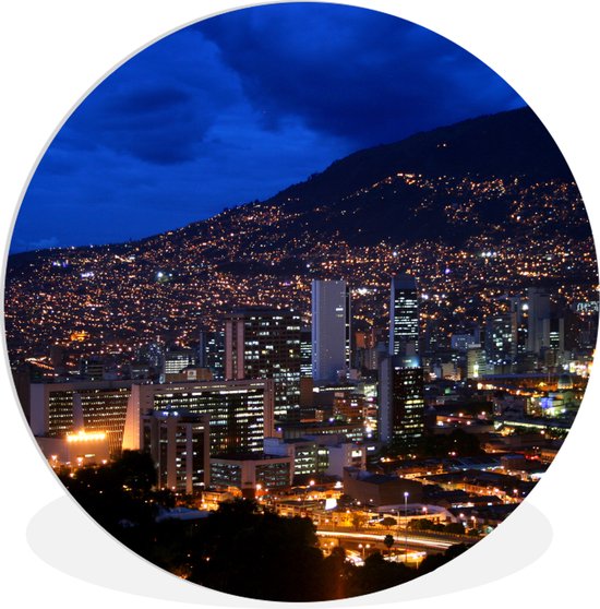 WallCircle - Wandcirkel - Muurcirkel Binnen - Colombia - Skyline - Nacht - 90x90 cm - Wanddecoratie - Ronde Schilderijen