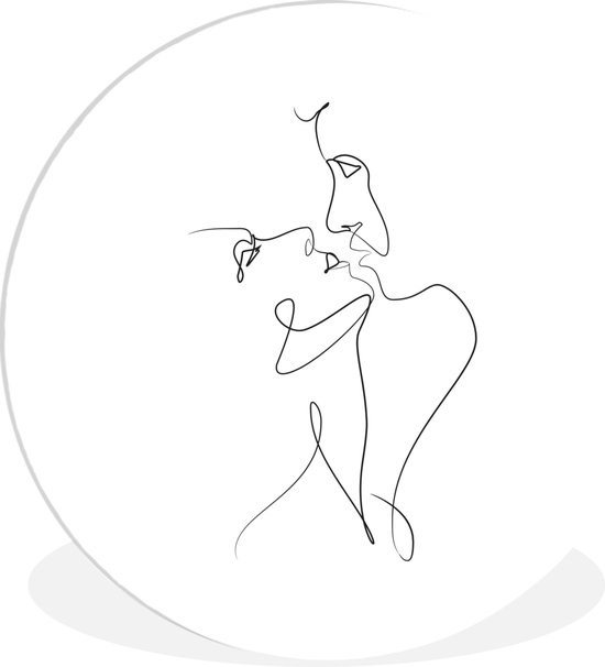 WallCircle - Wandcirkel - Muurcirkel Binnen - Abstracte line art van een koppel met gesloten ogen op een witte achtergrond vierkant - 30x30 cm - Wanddecoratie - Ronde Schilderijen