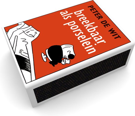 Een luciferdoosje met de titel "Breekbaar als porselein" op een witte achtergrond.
