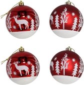 4x stuks gedecoreerde kerstballen rood kunststof diameter 8 cm - Kerstboom versiering