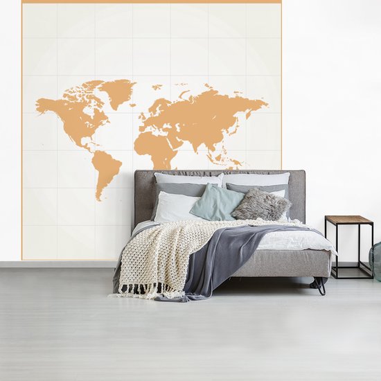 Papier peint photo vinyle - Carte du monde minimaliste en orange | Papier peint Wereldkaart largeur 280 cm x hauteur 280 cm - Tirage photo sur papier peint (disponible en 7 tailles)