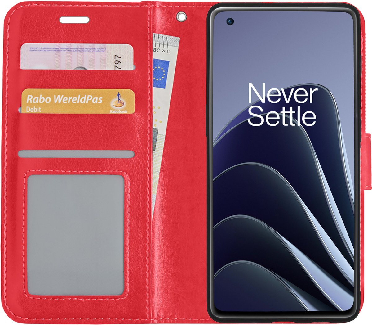 Hoesje Met Pasjeshouder - Geschikt voor OnePlus 10 Pro - Luxe Bookcase Portemonee - Flip Case - Kunstleer Book Case - Flipcase - Book Cover - Walletcase - Portemonneehoes - Rood