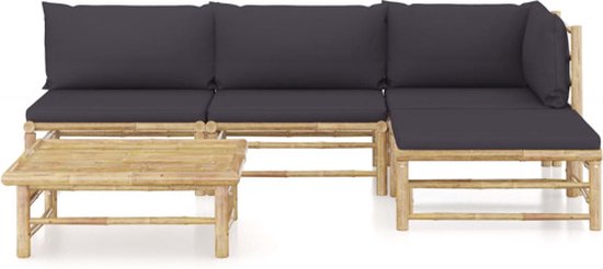 Bamboe loungeset met 4 zitplaatsen en salontafel, donkergrijs gekussend.