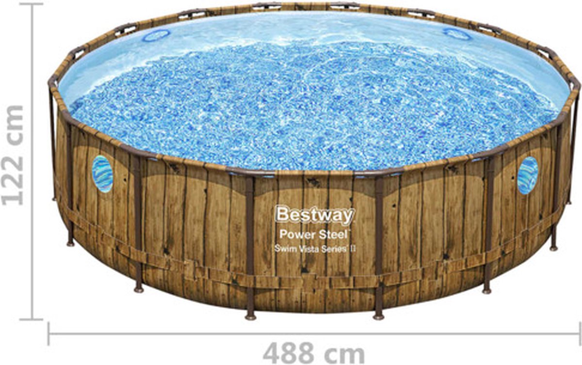 Bestway - Power Steel Swim Vista - Opzetzwembad inclusief filterpomp en accessoires - 488x122 cm - Houtprint - Rond — afbeelding 2