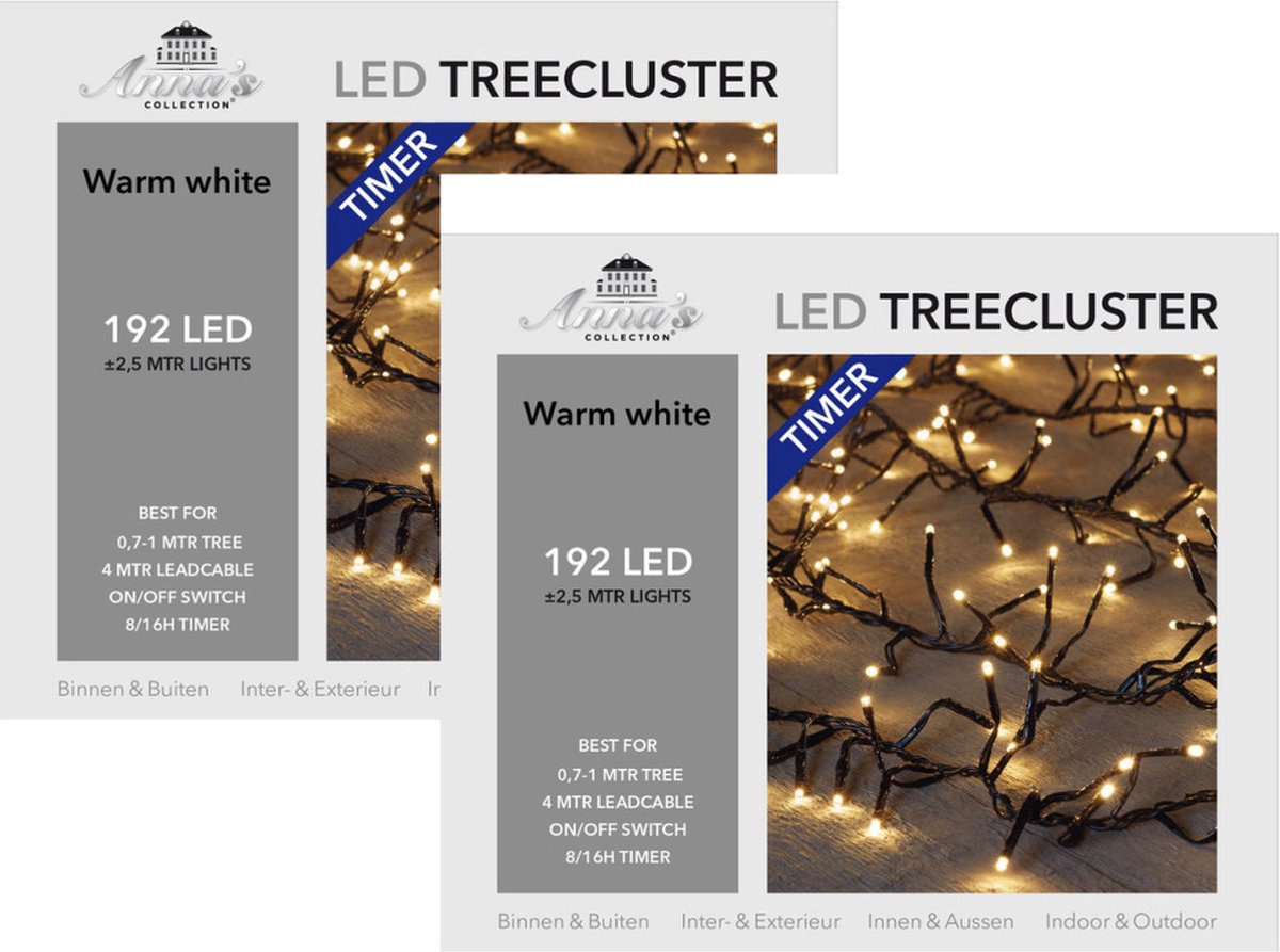 2x Kerstverlichting clusterverlichting met timer en dimmer 192 lampjes warm wit 1 mtr